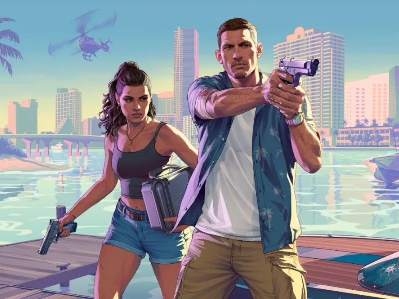 Personagens de GTA 6 observando a cidade inspirada em Miami ao pôr do sol, com carros esportivos, luzes neon e cenário urbano moderno.