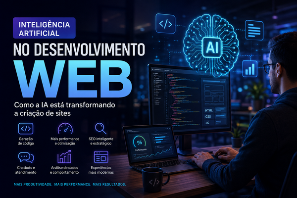 Desenvolvedor web utilizando inteligência artificial para criar e otimizar sites modernos em ambiente tecnológico futurista